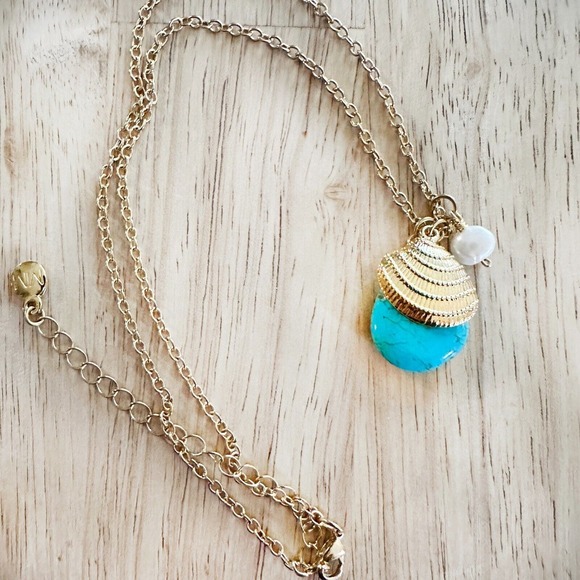 Malamar Jewelry - MAYAMAR Dipped 24K Gold Turquoise‎ Necklace Seashell Chain NWT Box RET $245